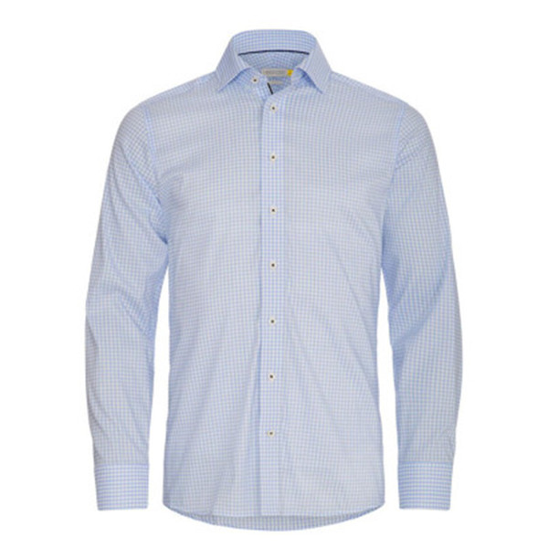 Light blue checkered long sleeve shirt with button-down collar and white buttons