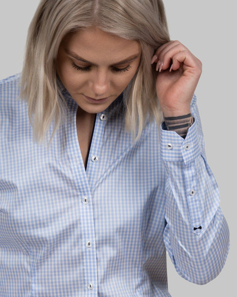 Yellow Bow 53 | Women's Checkered Long Sleeves Shirt Sky Blue Check
