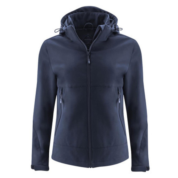 Navy softshell jacket with detachable hood, zippered hand pockets and full-length front zipper