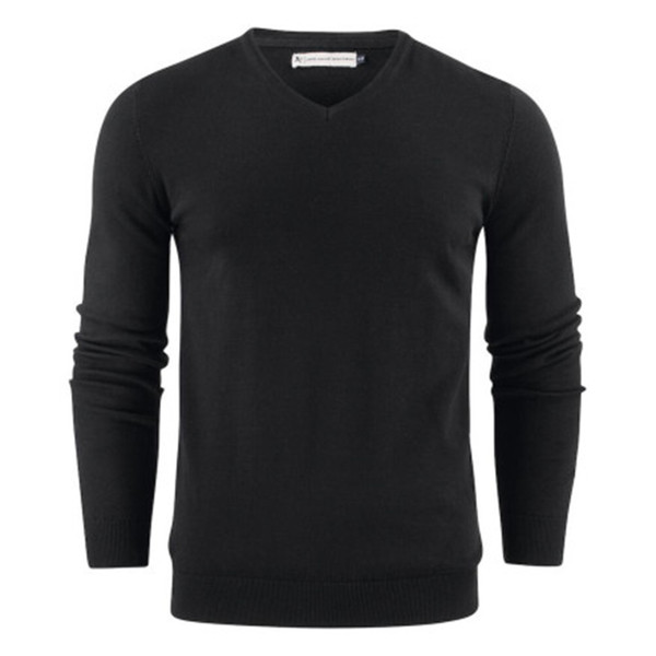 Black men's v-neck knit sweater with ribbed cuffs and hem, slim fit organic cotton packshot