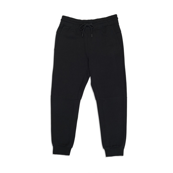 Black cotton track pants with elasticated cuffs and drawstring waistband featuring side pockets