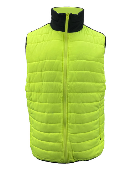 Hi-vis yellow quilted puffer vest with black shoulder panels and full-length front zipper