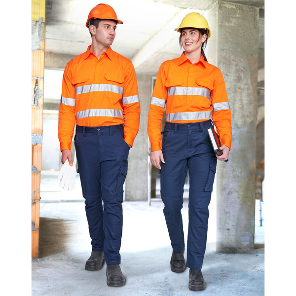 Navy ripstop work pants with cargo pockets and taped orange hi-vis shirts with reflective stripes