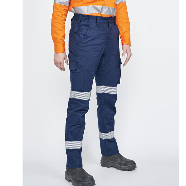 Navy ripstop work pants with silver reflective tape segments and cargo pocket worn with orange hi-vis shirt