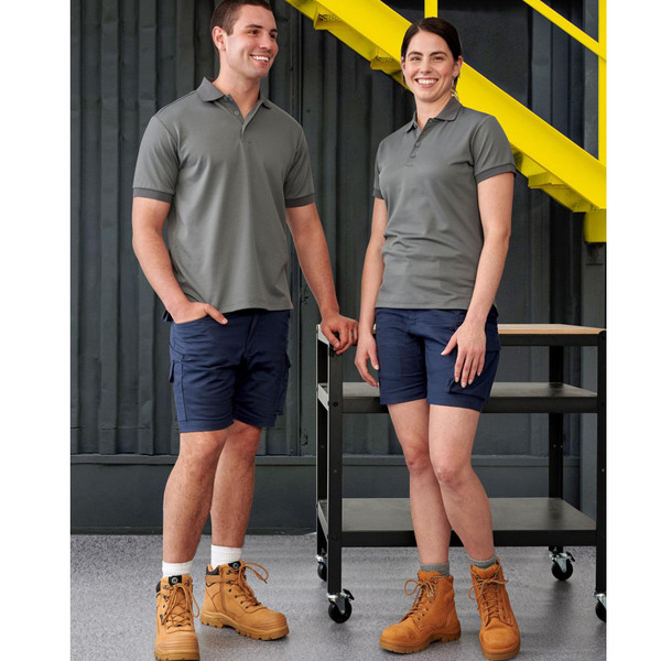 Pair modelling navy ripstop work shorts with grey polo shirts, showing durable casual workwear styling