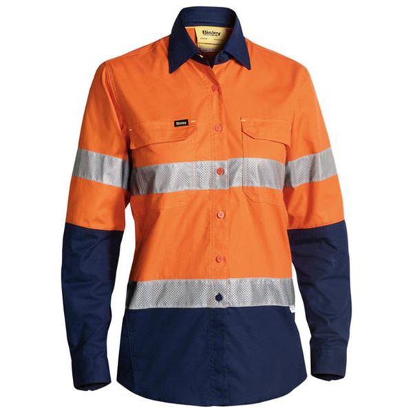Orange and navy hi-vis work shirt with reflective tape stripes and contrast collar