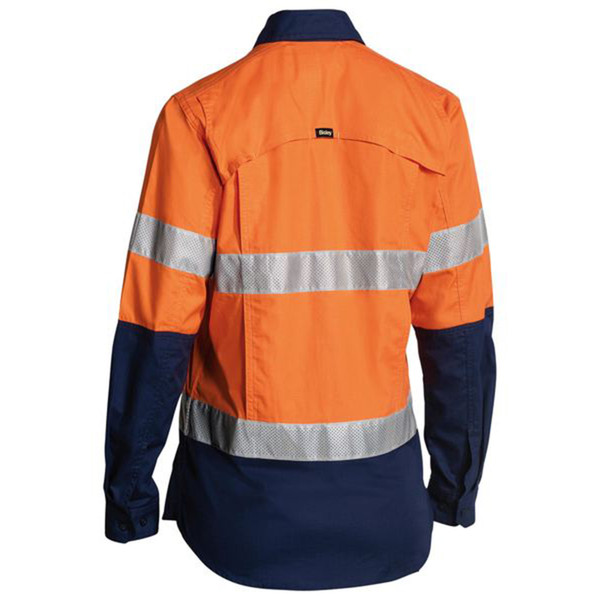 Orange and navy hi vis work shirt with reflective tape stripes and perforated back ventilation panel