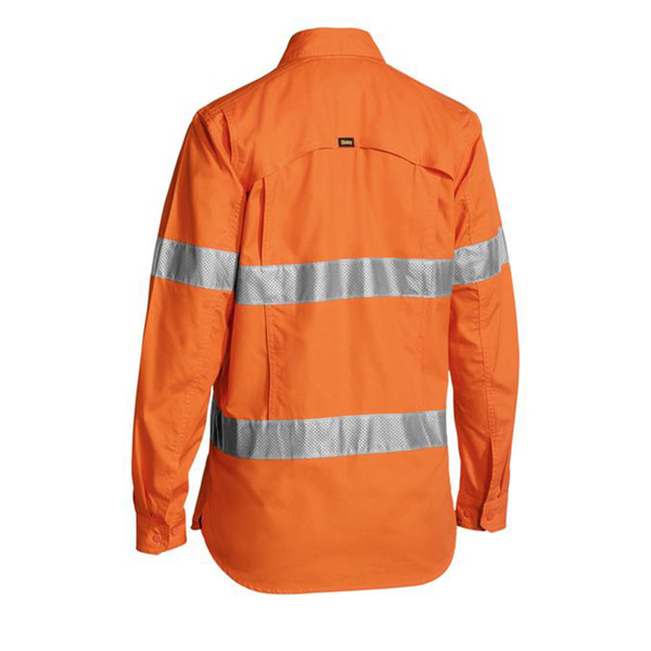 Orange hi-vis work shirt with dual horizontal silver reflective tape stripes across back and chest pocket
