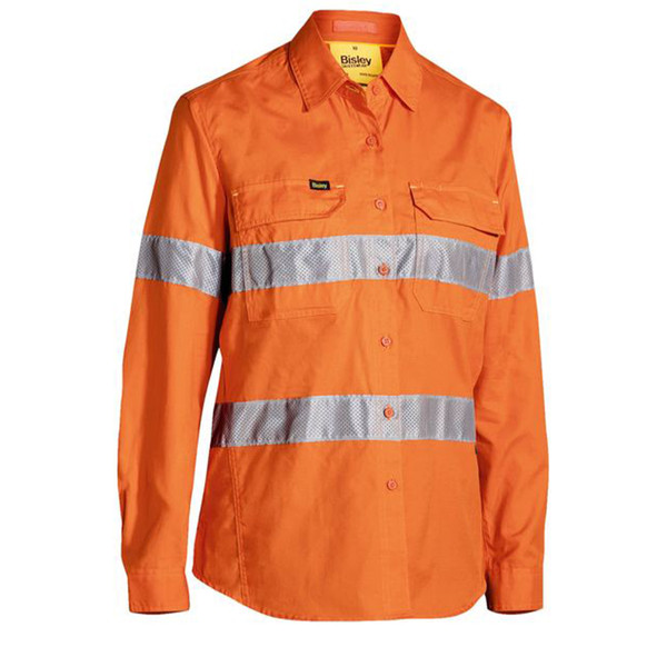 Orange hi vis work shirt with twin silver reflective tape stripes and chest pockets