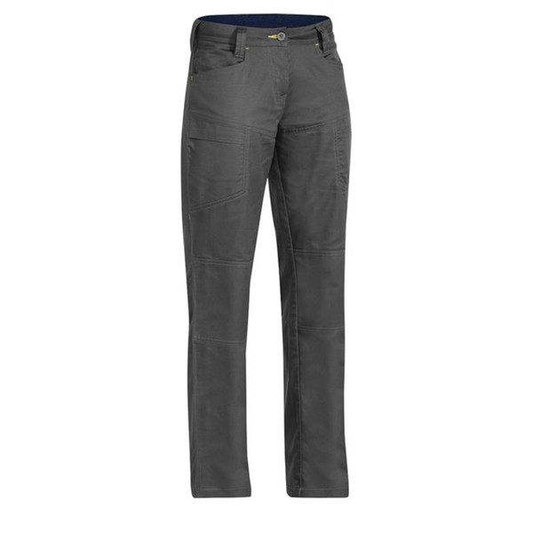 Charcoal grey ripstop work pants with navy contrast waistband and reinforced knee panels
