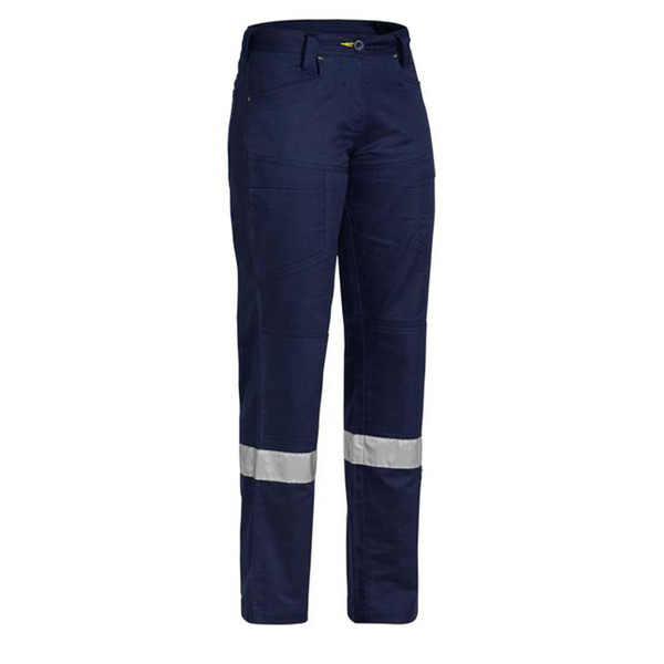 Navy women's ripstop work pants with twin silver reflective tape bands at lower leg, flat-front waistband