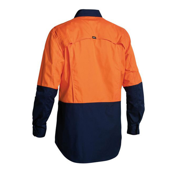 High visibility orange and navy ripstop work shirt with contrast panels and back yoke detail