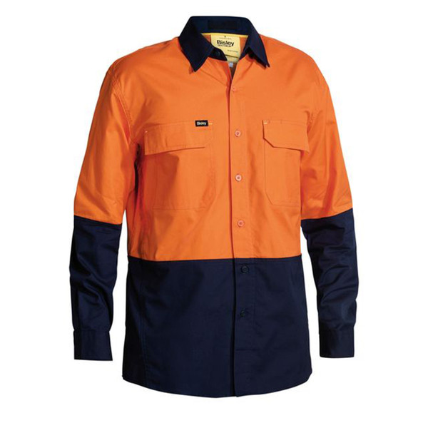 Hi vis two-tone long sleeve work shirt in orange and navy with contrast collar, chest pockets, and button front