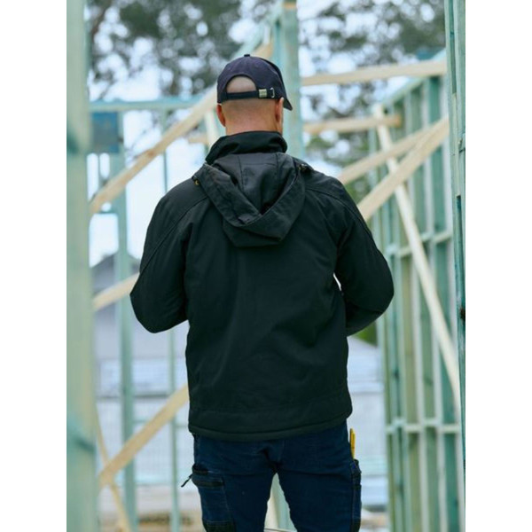 Back view of charcoal waterproof dobby work jacket with hood on construction site