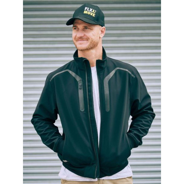 Dark green soft shell bomber jacket with grey contrast panels and chest pockets