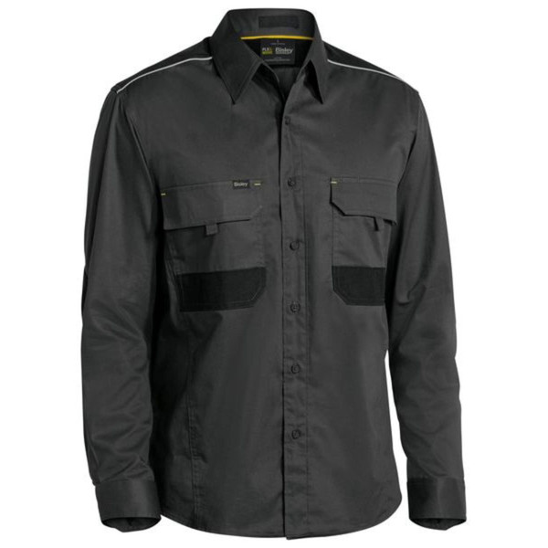 Charcoal long sleeve work shirt with black contrast chest pockets and shoulder piping details