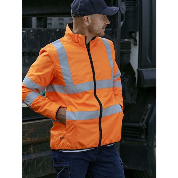 Fluorescent orange hi-vis jacket with silver reflective tape and black zip, reversible waterproof design