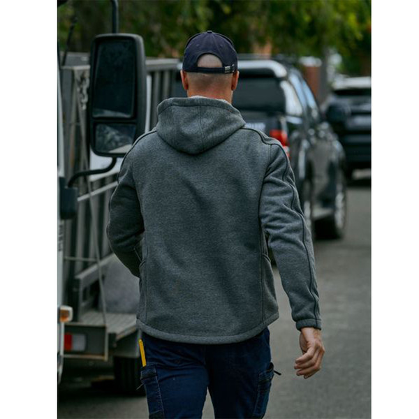 Back view of charcoal marle fleece hoodie with flat decorating panel and adjustable hood