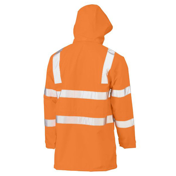 Orange hi-vis wet weather jacket with hood and reflective silver shoulder and torso tape in H-pattern configuration