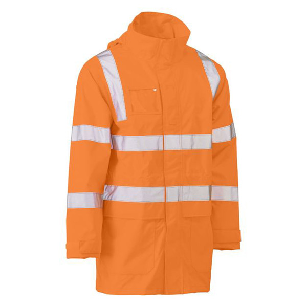 Orange high visibility wet weather jacket with silver reflective tape on torso and sleeves