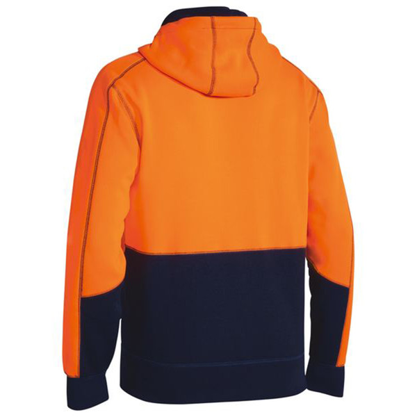 Hi-vis orange and navy fleece hoodie shown from back with contrast panels and ribbed cuffs