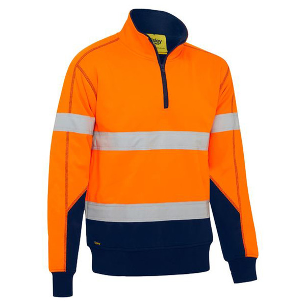 Hi-vis orange fleece pullover with navy contrast panels, reflective tape stripes, quarter zip and navy collar