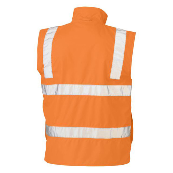 Orange hi-vis waterproof vest with white reflective tape on shoulders and torso, featuring fleece lining and stand collar
