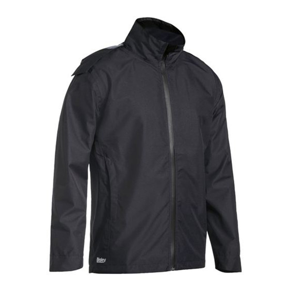 Charcoal grey lightweight rain jacket with full zip front, concealed hood, and shoulder patches