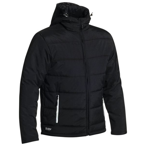 Black quilted puffer jacket with adjustable hood, full-length zip, and contrast white zip pockets