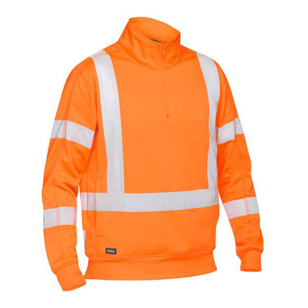 Hi-vis orange fleece pullover with reflective X-back tape and quarter zip collar