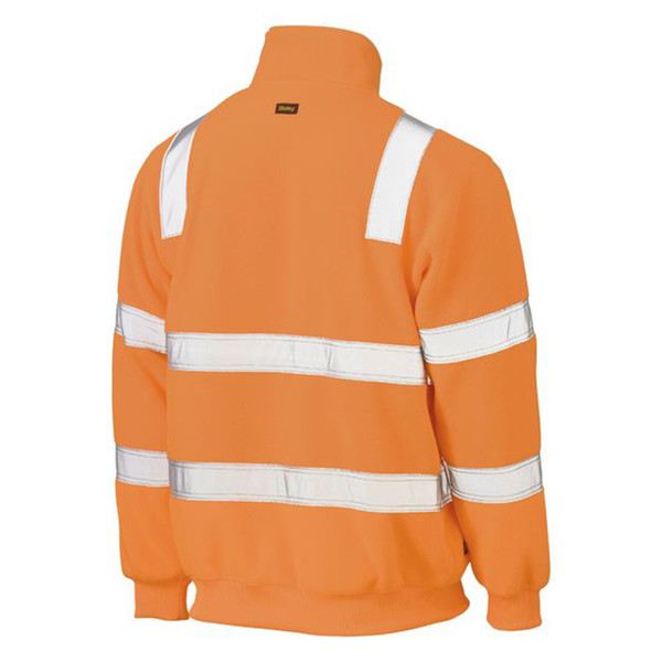 Orange hi-vis polar fleece jumper with white reflective tape across shoulders, back and sleeves