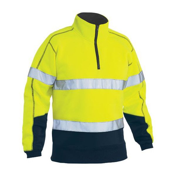 Hi-vis yellow fleece pullover with reflective tape, navy blue lower panel, quarter zip with charcoal collar