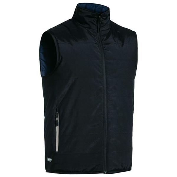 Black quilted puffer vest with high collar and full-length zip, featuring side zip pocket with contrast grey trim