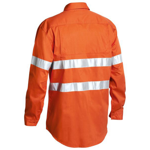 Orange hi-vis work shirt with silver reflective tape across back, long sleeves and collar visible from rear