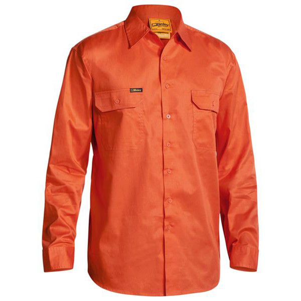 Orange hi-vis drill work shirt with dual chest pockets and button-front closure on white background