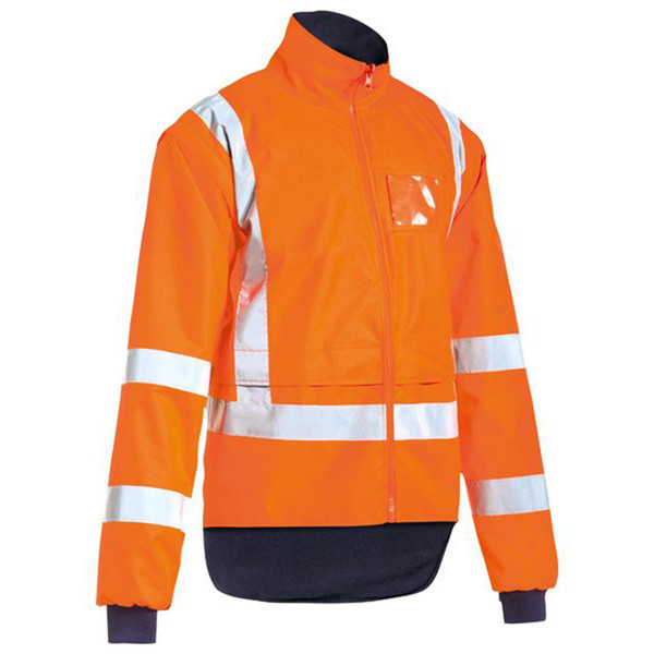 High visibility orange rain jacket with silver reflective tape on sleeves and torso, navy contrast trim at collar and cuffs