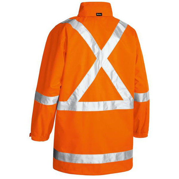 Orange hi vis rain jacket with silver reflective X-back tape and horizontal chest and waist bands