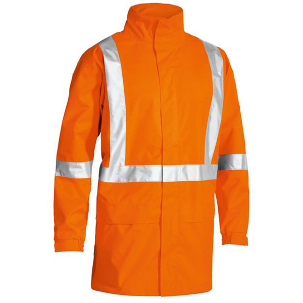 Hi vis orange rain shell jacket with silver reflective X-back and waist tape, stand collar, zip front, front pockets