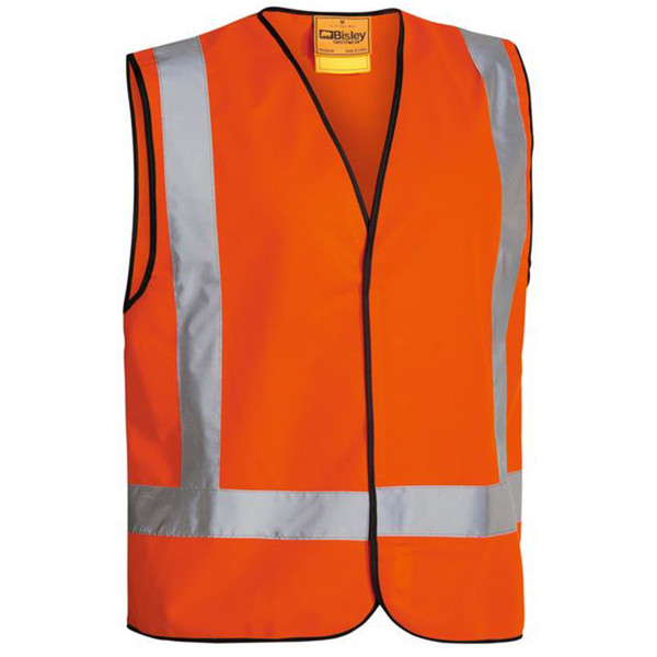 Hi vis orange safety vest with silver reflective tape in X back configuration and black edge trim