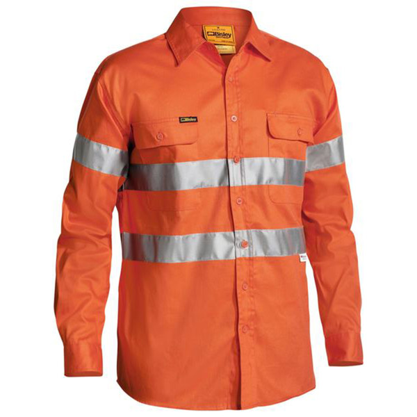 Orange hi-vis drill shirt with silver reflective tape across chest and sleeves, dual chest pockets with button flaps
