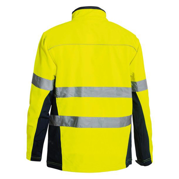 Hi-vis yellow soft shell jacket with reflective tape stripes and navy side panels, back view showing taped safety features