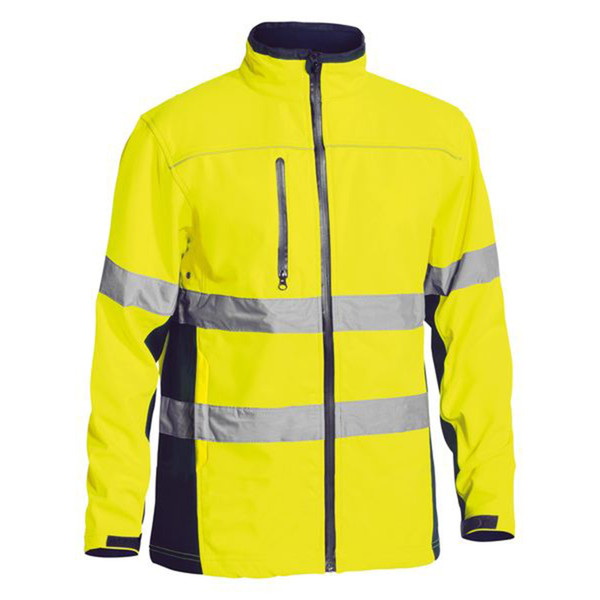Hi-vis yellow soft shell jacket with navy contrast panels and silver reflective tape across chest and arms