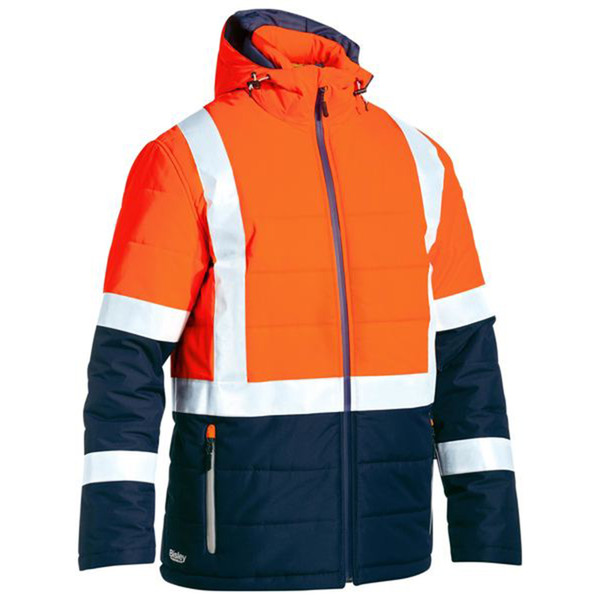 Orange and navy puffer jacket with reflective silver tape, adjustable hood, and full-length zipper