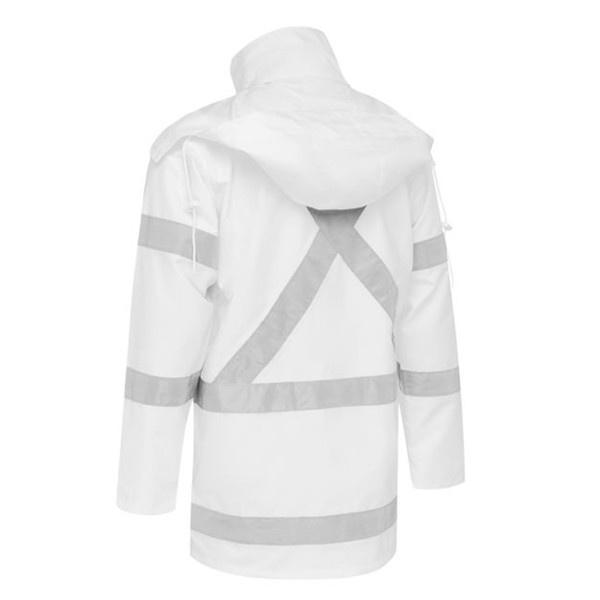 White rain jacket with silver reflective X-back tape and horizontal stripe detail on sleeves and hem