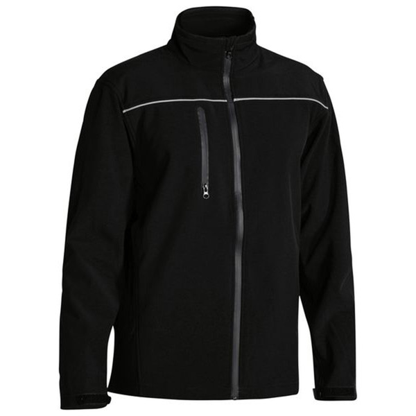 Black soft shell jacket with reflective piping across chest and charcoal grey contrast zippers