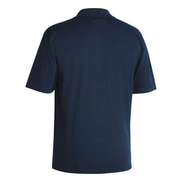 Navy blue polo shirt back view with ribbed collar and short sleeves showing smooth flat surface