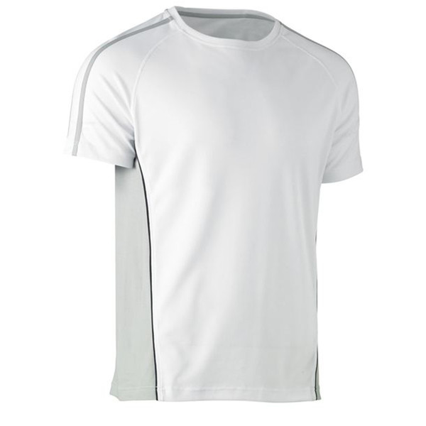 White crew neck performance tee with silver-grey contrast side panels and twin shoulder stripes