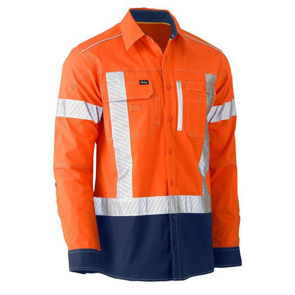 Orange and navy two-tone hi-vis long sleeve work shirt with segmented reflective tape and chest pockets