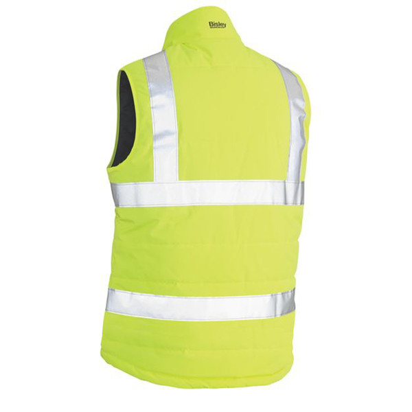 Bisley hi vis yellow puffer vest rear view with two silver reflective tape bands and stand collar