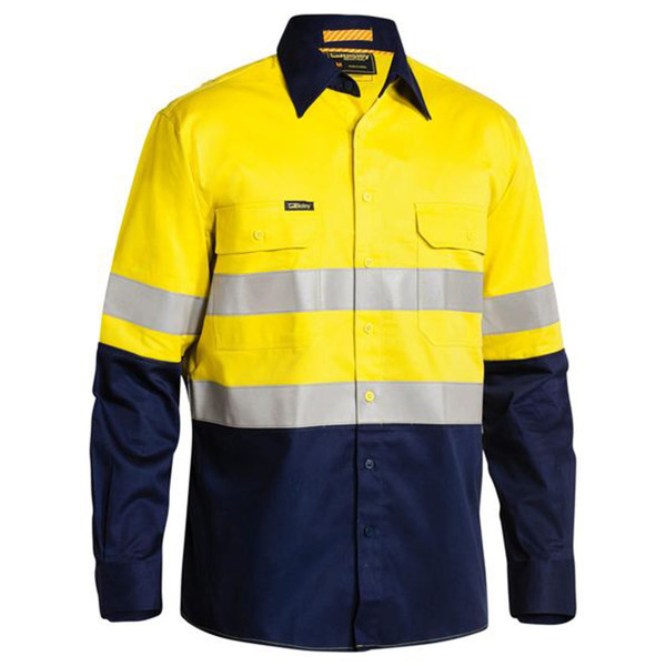 Bisley | Mens Taped Hi Vis Industrial Cool Vented Shirt in Yellow/Navy